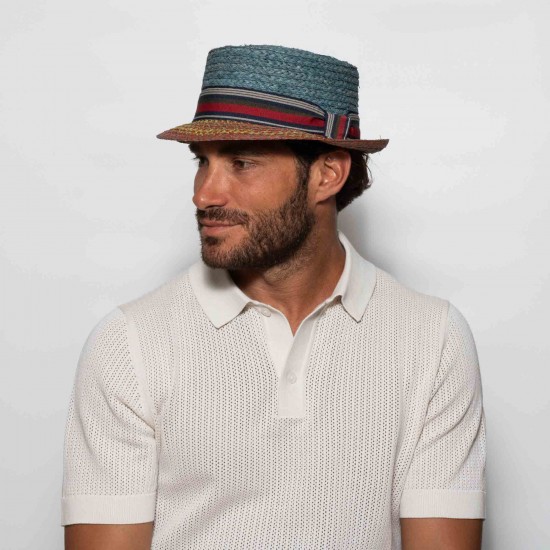Cuba Pork Pie Raffia Two-Tone Blue Cuba Pork Pie Raffia Two-Tone Blue