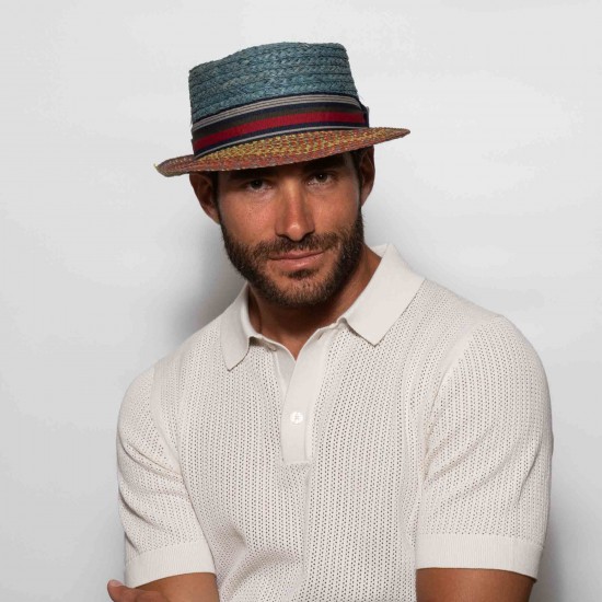 Cuba Pork Pie Raffia Two-Tone Blue Cuba Pork Pie Raffia Two-Tone Blue