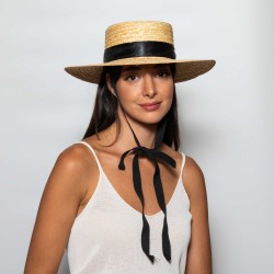 Ψάθινο BOATER HAT Wide Brimmed Natural Ribbon Ties 